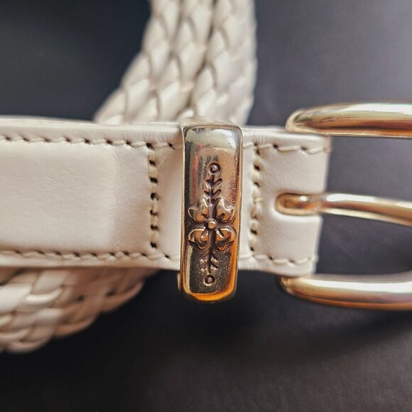VTG Women's White Leather Braided Woven Belt With Floral Embossed Silver Buckle - Picture 3 of 8